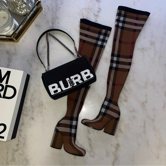NIB Burberry 36 Anita Knit Check Over-the-Knee Thigh High Stretch Boots in Brown - Picture 8 of 17